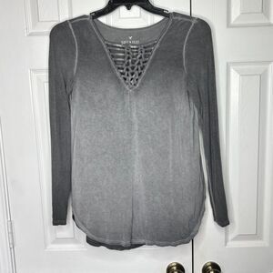 American Eagle Small Soft & Sexy Gray Lace-Up Long Sleeve Top